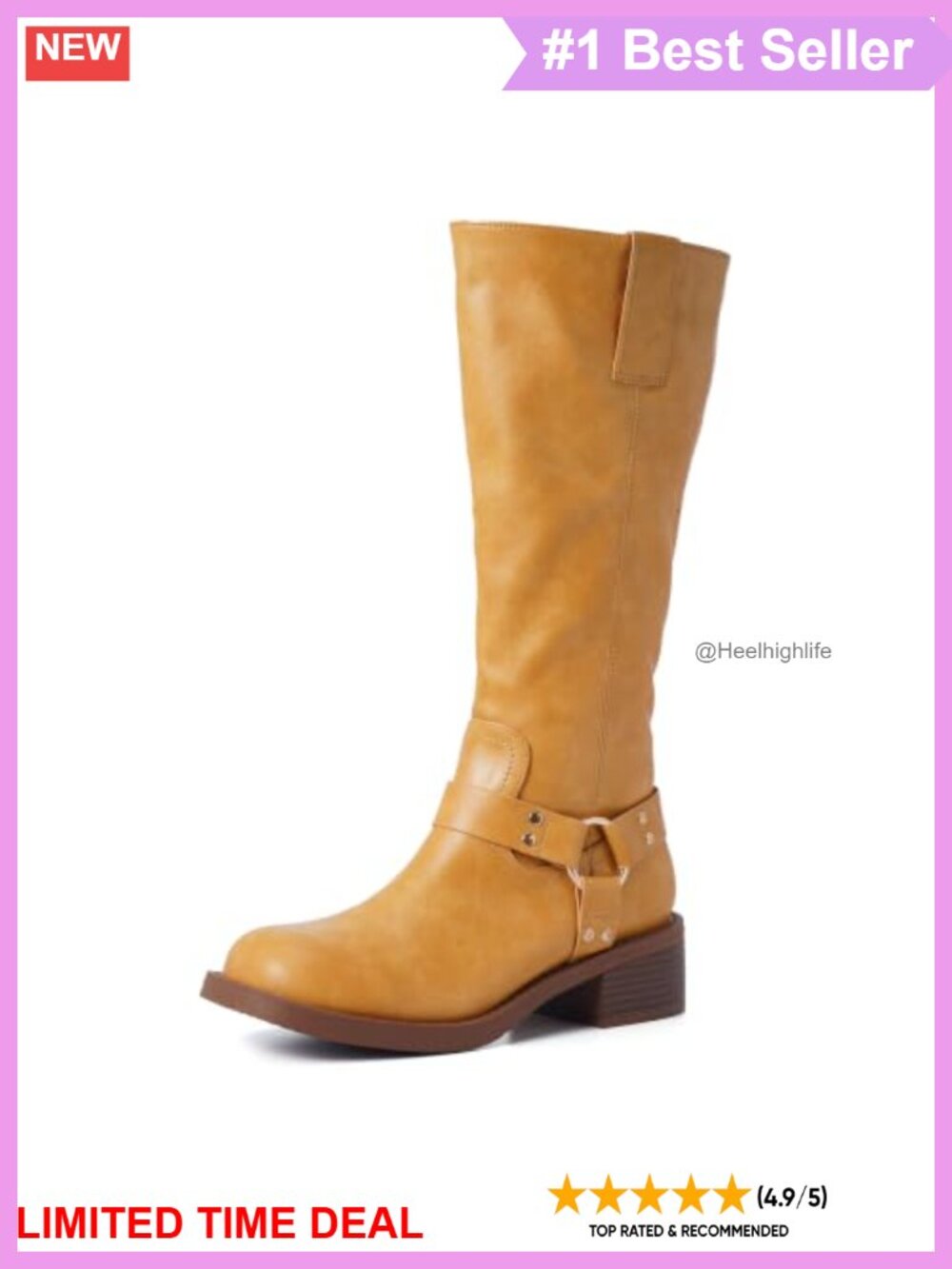 Square Toe Knee High Block Heel Moto Boots Harness Strap PU